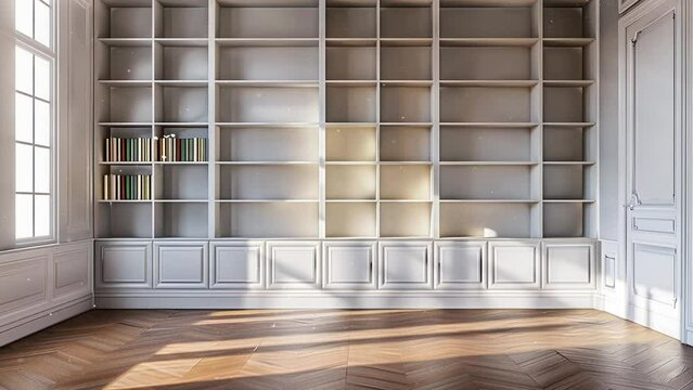 built in bookcases in empty room. seamless looping overlay 4k virtual video animation background