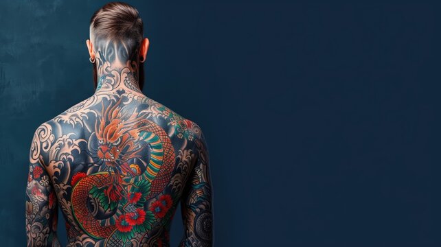 Man's back covered in an intricate, colorful, traditional tattoo design