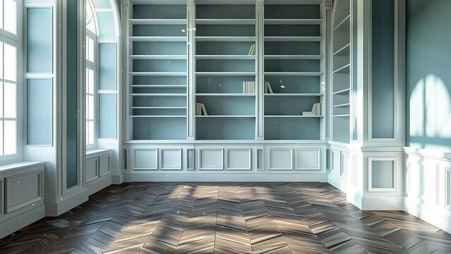 simple design bookcases in empty room. seamless looping overlay 4k virtual video animation background