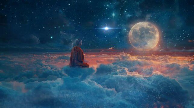 a monk meditating on a beautiful cloud. seamless looping time-lapse virtual 4k video Animation Background.