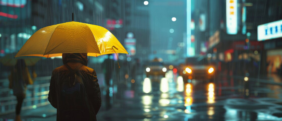 A man standing in the city raining heavy and holding yellow umbrella - 754655560