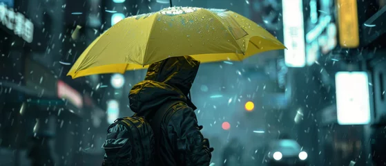 Foto op Canvas A man standing in the city raining heavy and holding yellow umbrella © EmmaStock