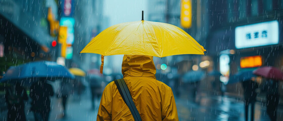 A man standing in the city raining heavy and holding yellow umbrella