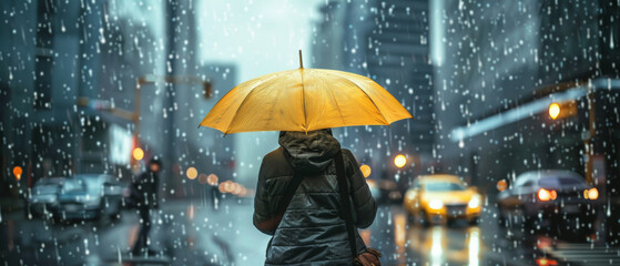 A man standing in the city raining heavy and holding yellow umbrella - 754655582