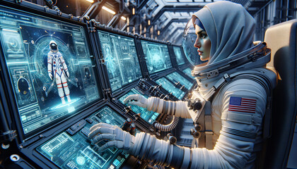 Astronaut training in high-tech facility with vibrant details.