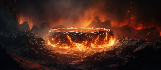 A fiery ring burns brightly in the center of a rugged mountainous landscape, casting a dramatic glow against the rocky terrain. The flames flicker and dance in the wind, creating a mesmerizing