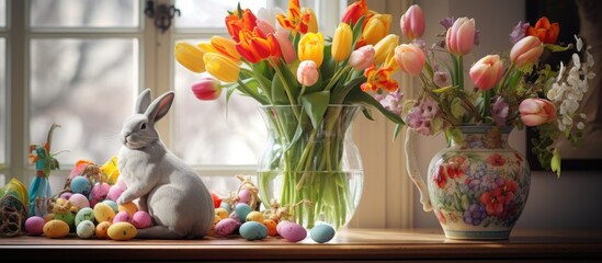 A bunny is seated in front of a vase filled with colorful flowers, creating a charming scene in a cozy living room interior. The bouquet of tulips adds a festive touch alongside Easter eggs and other - obrazy, fototapety, plakaty