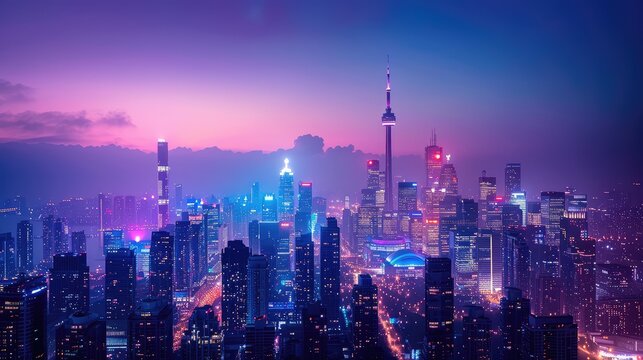 Urban Skyline, Striking images showcasing the skyline of major cities with iconic landmarks, skyscrapers, and city lights illuminating the night sky