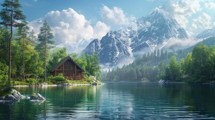 Nature Retreat, Serene and tranquil scenes of natural landscapes like forests, mountains, lakes, or secluded cabins, conveying the idea of escape and rejuvenation amidst the beauty of nature - obrazy, fototapety, plakaty