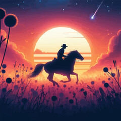 feee vector silhouette of a cowboy riding into the sunset, c4d, dreamy and optimistic, vibrant sky