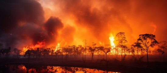 A large fire rages through a dense forest, emitting smoke and flames as it burns close to a body of water, creating a dangerous situation for the surrounding environment.