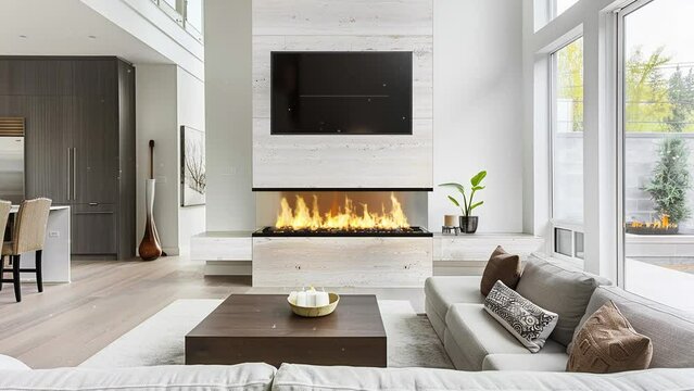 contemporary fireplace with glass screen installed. modern elegant home interior. seamless looping overlay 4k virtual video animation background