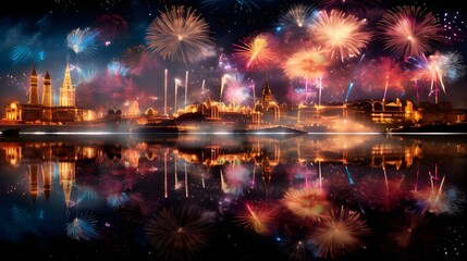 Naklejka premium Celebration. Skyline with fireworks light up sky over night cityscape. Beautiful night view cityscape. Holidays, celebrating New Year and Tet holiday. ... See More 