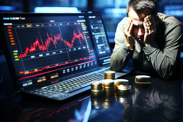 A person sitting at their desk, head in hands as they watch the stock market graph fall down on screen with stacks of coins next to them, showing sadness and tanking share value, stock crash concept,