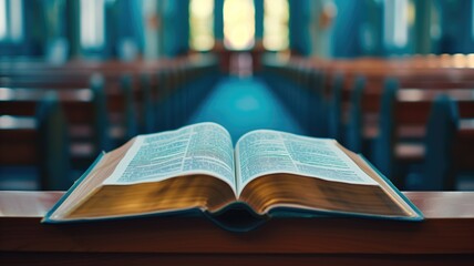 Fototapeta premium Open bible on church pew, serene atmosphere