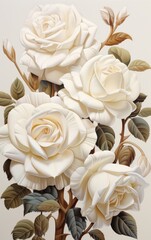 White roses on the branch with green leaves with white background