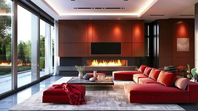 modern interior with red sofas and fireplace. living room with fireplace. seamless looping overlay 4k virtual video animation background