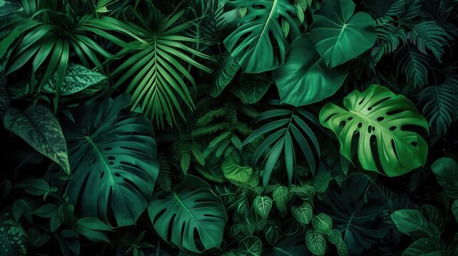 Dense tropical foliage with various green hues creating a serene jungle scene