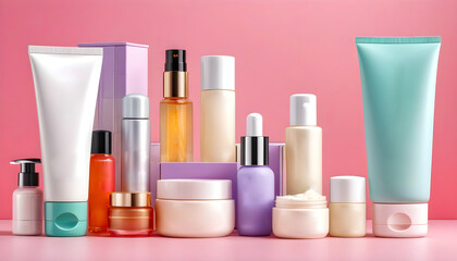 Close up shot of generic cosmetics products, pleasing arrangements, product photography.