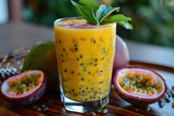 Obraz na płótnie Canvas Passion fruit. Tropical drink. Summer background 