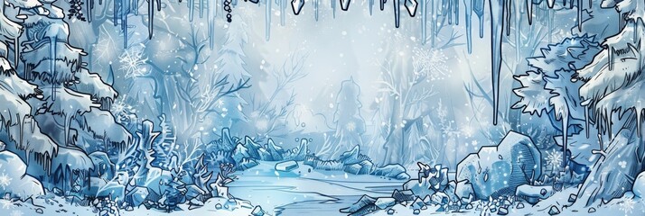 Background Texture Pattern Winter - Cel-Shaded Icicle Kingdom winter wonderland, icicles, snowy trees, and frozen ponds crystal blues, whites, and silver created with Generative AI Technology