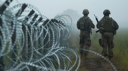 Military and border guards with weapons patroling along the border with barbed wire, guarding the border from illegal immigrants