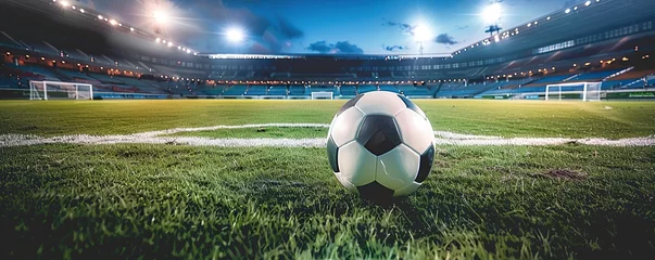 Gordijnen Soccer ball lying on stadium field at night with bright lights. Mixed media concept © Fajar