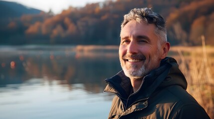 Happy Man in His 50s Radiating Life by a Serene Lake in a Natural Park