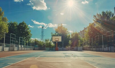 Basketball place on outdoor court in sunny day.