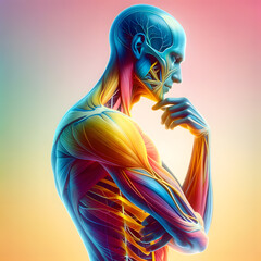 a reflective posture, with a visible skeletal and muscular system
