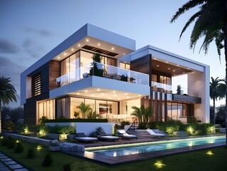 Fototapeta premium A large house with a pool in front