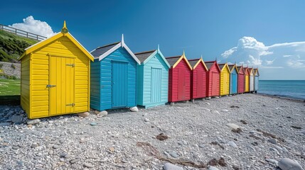 Fototapeta na wymiar Quaint and colorful beach huts lining the shoreline add character and charm to coastal landscapes