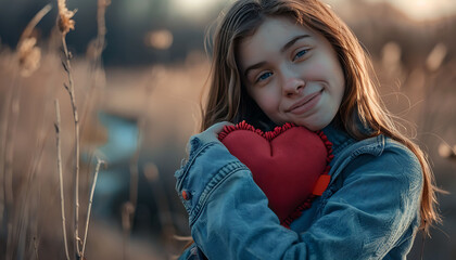 woman holding a red heart-shaped pillow with love.