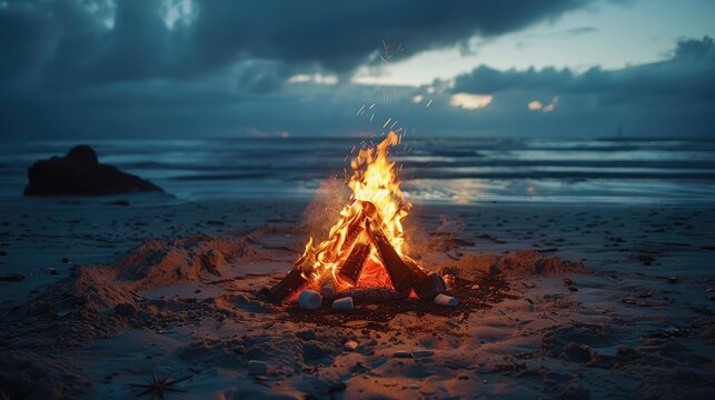 Beach Bonfire, Atmospheric images of beach bonfires surrounded by friends sharing stories and roasting marshmallows evoke a sense of warmth and camaraderie, making them perfect