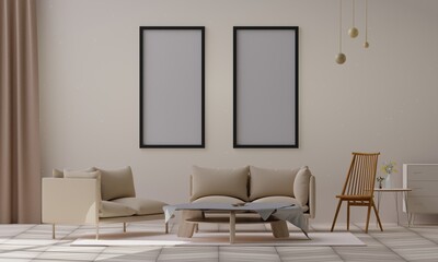 mockup poster frame interior background, warm color living room, nature scandinavian style, 3d render, 3d illustration