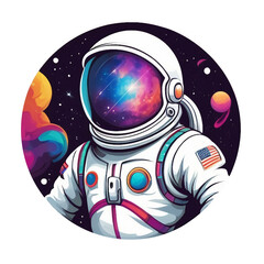 an astronaut in a space suit with planets in the background, vector art, die cut sticker, round, on a transparent background, full color illustration