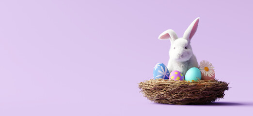 Bunny with Easter eggs in bird nest on purple background. 3d rendering