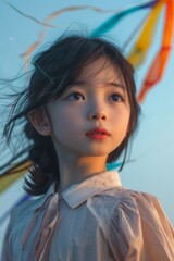 Portrait of a Young Girl with Colorful Kite Flying in the Background During Sunset