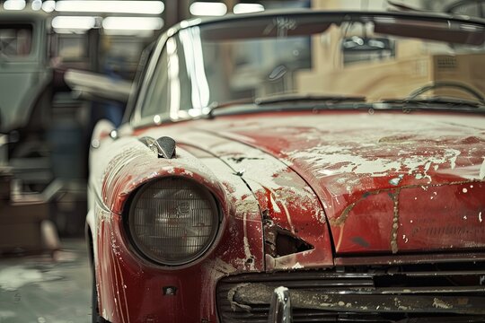 An old red car is parked inside a garage, surrounded by tools and equipment for restoration work. The vehicle shows signs of aging and wear, awaiting renovation. Generative AI