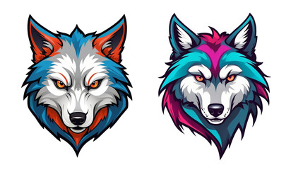 two different colored wolf heads on a transparent background, vector art, split screen,...