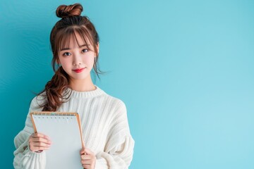 Obraz premium Young Asian Woman with a Charming Smile Holding a Blank Clipboard against a Turquoise Background