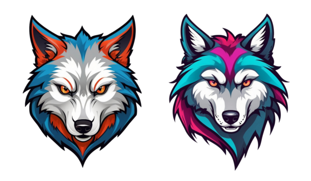 two different colored wolf heads on a transparent background, vector art, split screen, professional logo design, magenta and crimson and cyan