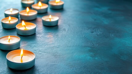 Multiple lit tealight candles on a textured blue surface, casting a soft glow - obrazy, fototapety, plakaty
