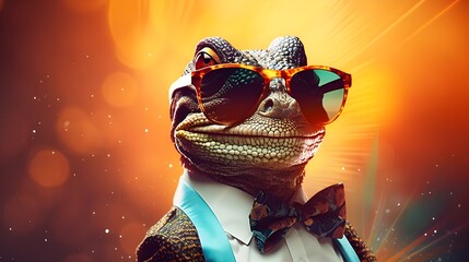 Funny and creative art an iguana with glasses and a vivid jacket - obrazy, fototapety, plakaty