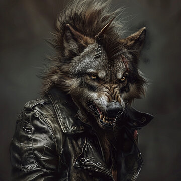 A fierce-looking wolf with a mohawk and leather jacket snarling defiantly