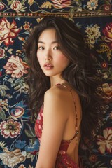Elegant Young Asian Woman in Red Dress Posing Against Floral Pattern Background, Artistic Portrait
