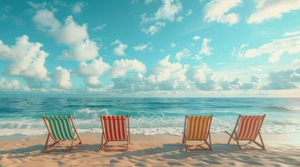 Fotobehang Beach Chairs, Stylish and comfortable beach chairs arranged on sandy shores invite viewers to imagine themselves soaking up the sun or enjoying panoramic ocean views © Tangtong