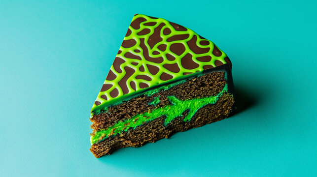A playful image of a chocolate cake slice with bright green fungal patterns photographed against a lively turquoise background