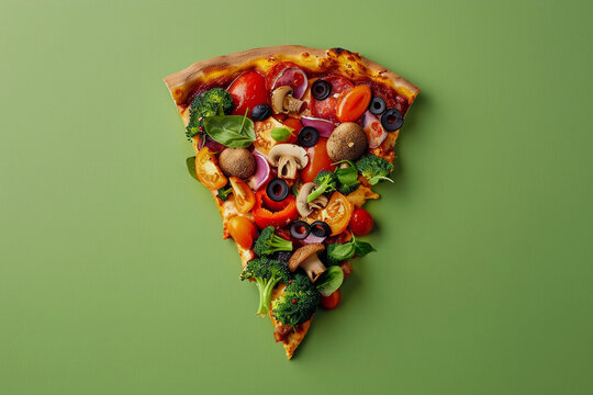 A visually engaging shot of a pizza slice with fungi overgrowth creating a mosaic of colors
