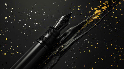 An artistic rendering of a black fountain pen set against a dark canvas with gold ink droplets suspended in mid-air